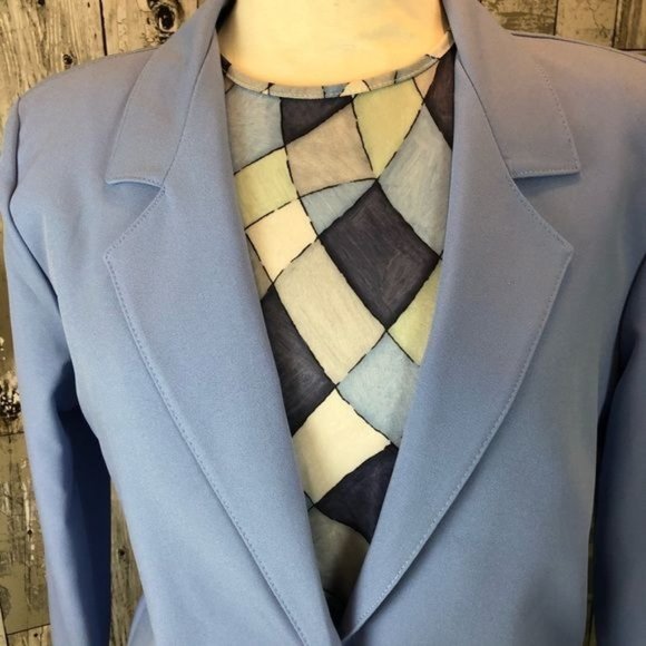 Women' vintage blazer jacket, skirt and geometric shirt suit light blue Medium - Picture 2 of 10